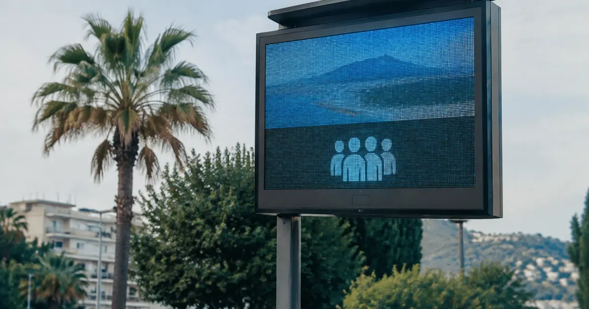 Panneau d'affichage municipal montrant chiffres population Saint-Laurent-du-Var