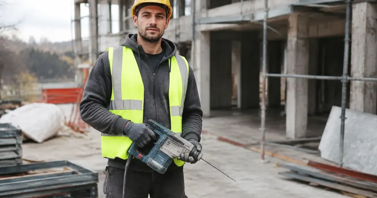 Professionnel tenant outils debout devant chantier en cours