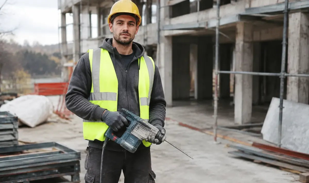 Professionnel tenant outils debout devant chantier en cours