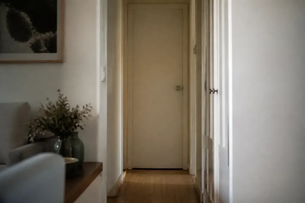 Couloir etroit avec porte fermee entre salon et chambre