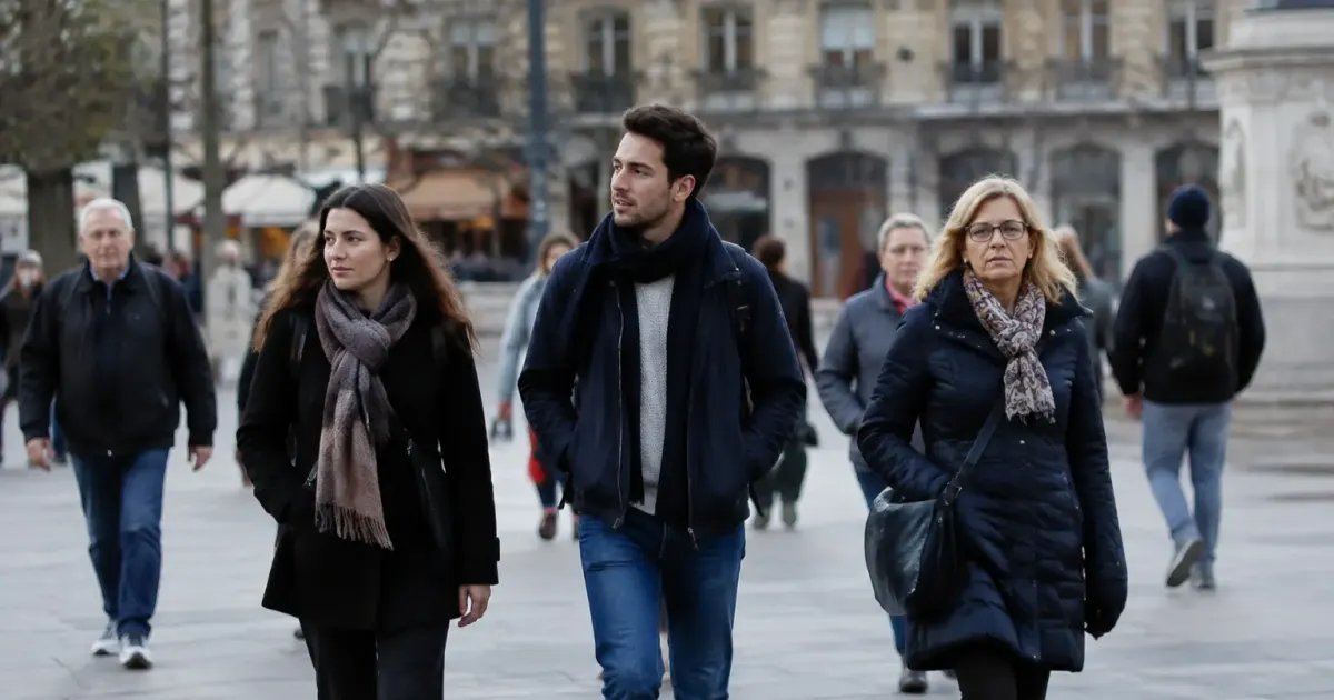 Groupe de pietons marchant sur une place urbaine
