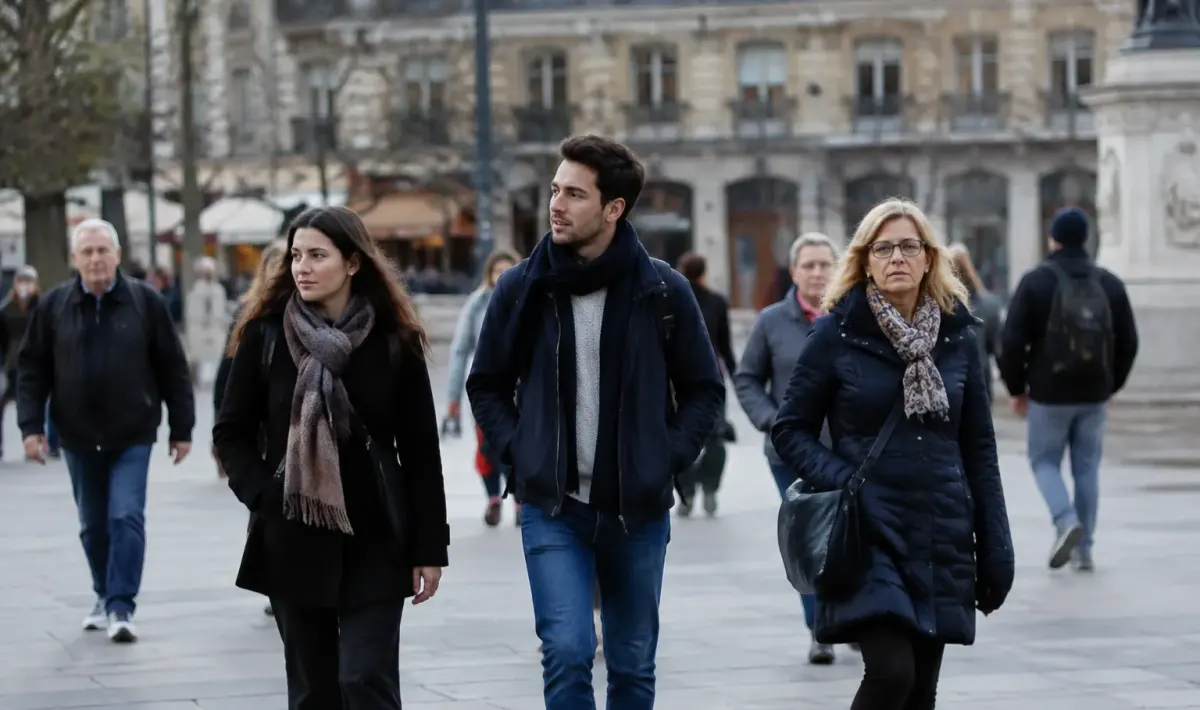 Groupe de pietons marchant sur une place urbaine