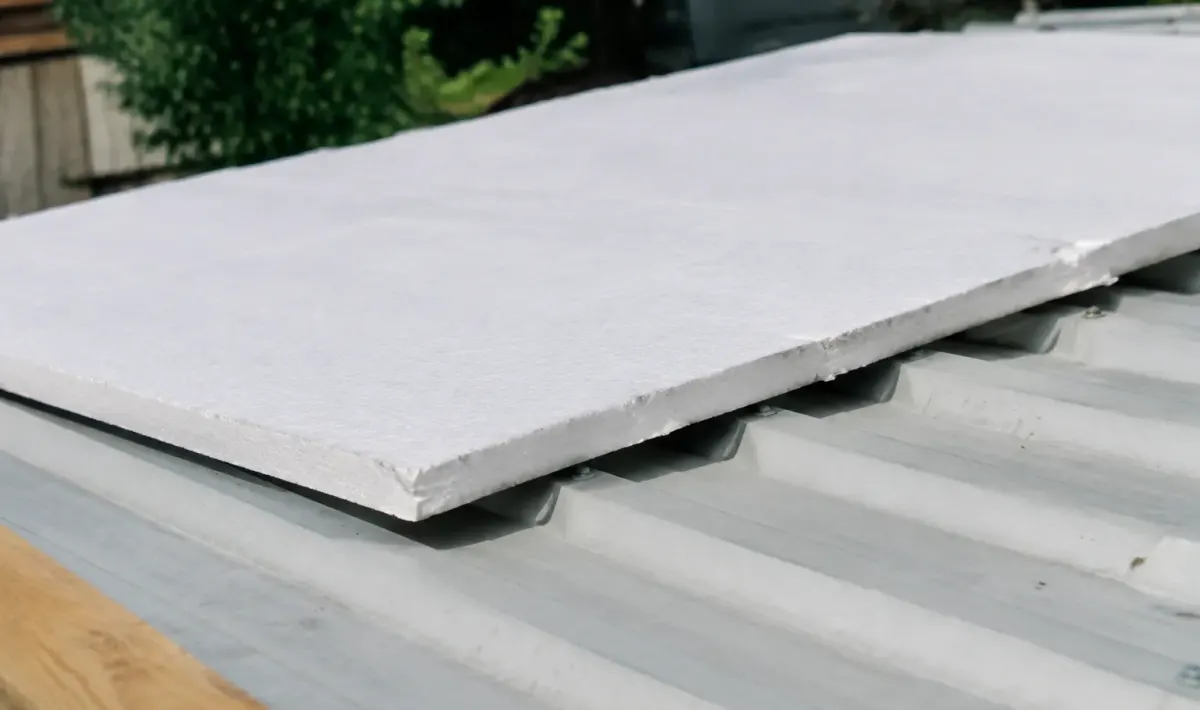 Materiau isolant blanc pose sur tole ondulees