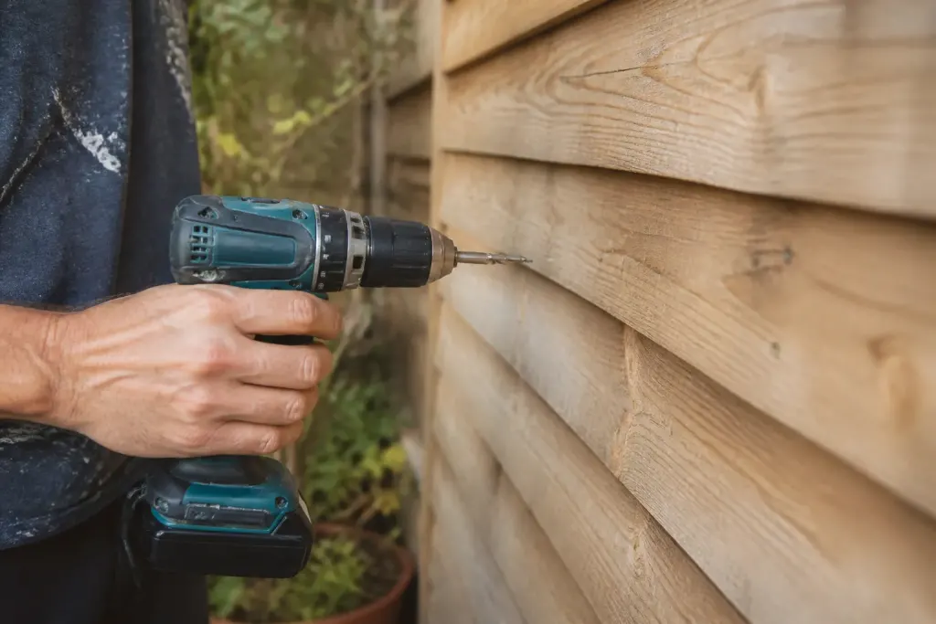 Mains tenant une visseuse devant des lames de bois