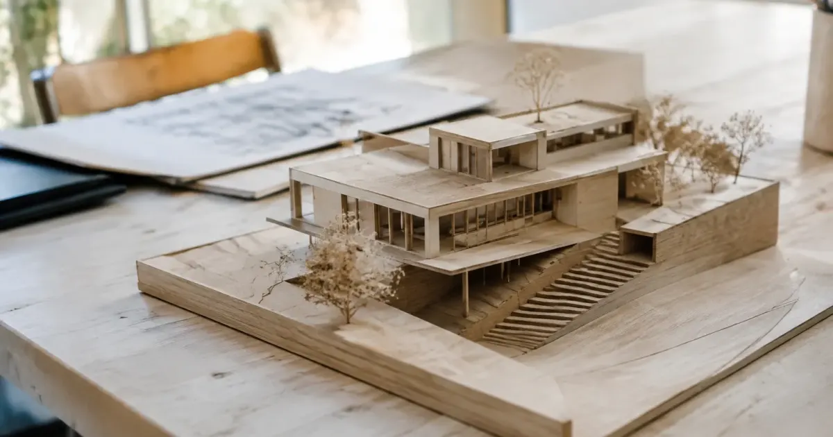 Maquette architecturale en bois posee sur une table claire