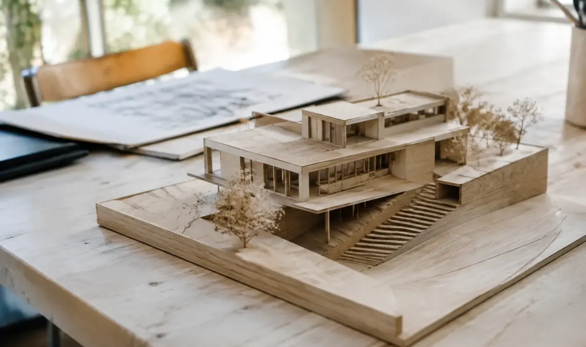 Maquette architecturale en bois posee sur une table claire