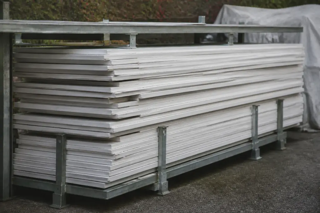 Panneaux blancs empiles sur structure metallique