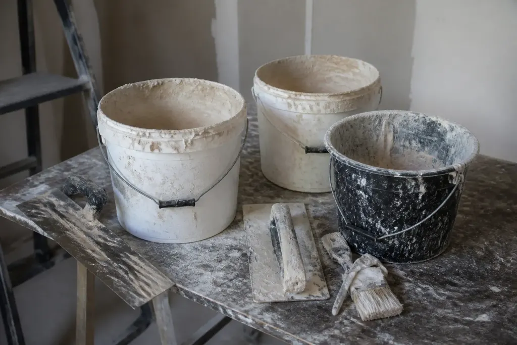 Seaux materiaux pinceaux truelles enduit sur table